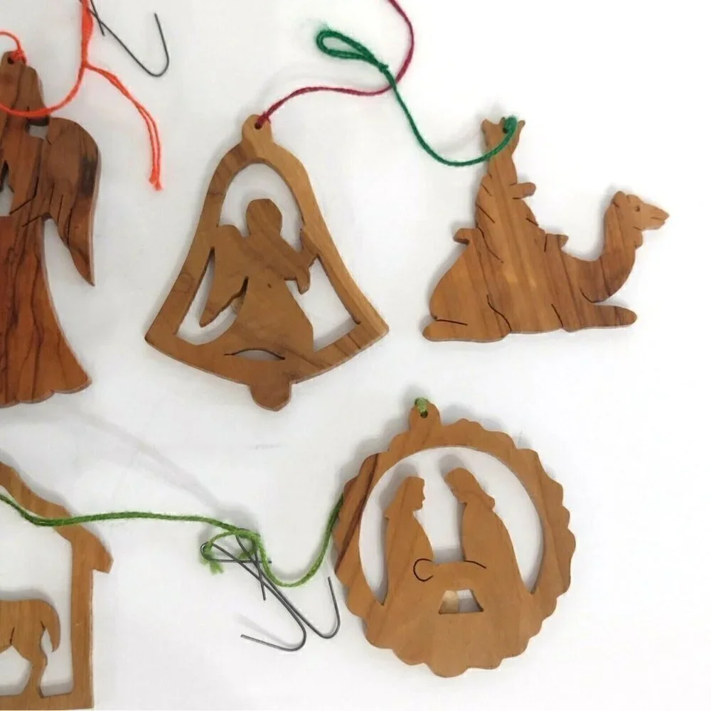 Vintage Lot of 7 Carved Olive Wood Christmas Tree Ornaments Bethlehem